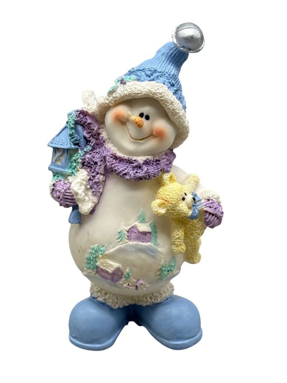 Snowman Figurine With Blue Hat & Teddy Bear READ